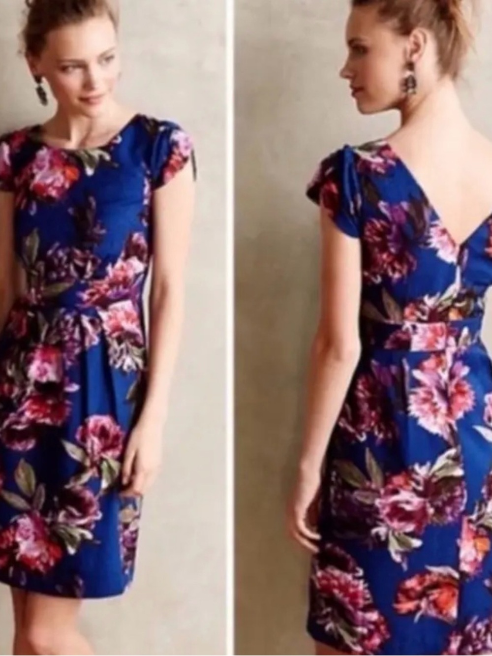 Anthropologie Moulinette Soeurs Floral Sheath Dress Size 8 Blue Pink V-Back